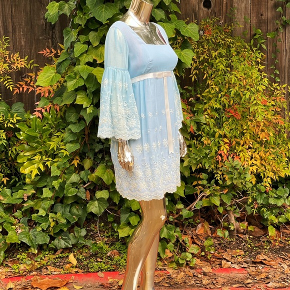 1960s Baby Blue Bell Sleeve Mini Dress - Picture 2 of 8